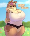  absurd_res anthro big_breasts breasts cleavage clothed clothing dialogue english_text female hazel_(shakotanbunny) hi_res huge_breasts lagomorph leporid mammal mature_female rabbit shakotanbunny solo text thick_thighs 