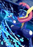  absurdres bright_pupils commentary_request greninja highres holding holding_weapon legs_apart pokemon pokemon_(creature) red_eyes shiny shiny_skin shuriken solo sorusolne110 squatting water water_drop weapon white_pupils 