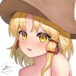  1girl artist_name bangs blonde_hair blush brown_headwear dated eyebrows_visible_through_hair face fang hair_ribbon hat looking_at_viewer masaru9002 moriya_suwako nude open_mouth red_ribbon ribbon sidelocks signature simple_background smile solo touhou white_background yellow_eyes 