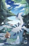  absurdres blue_sky cloud corsola day highres horsea looking_at_another looking_back lugia magikarp momota_pix nature no_humans outdoors pokemon pokemon_(creature) remoraid skarmory sky swimming tentacool underwater water waterfall wooper 