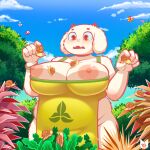  anthro apron apron_only big_breasts bovid breast_squish breasts caprine clothing female garden gastropod goat hi_res huge_breasts mammal mollusk mostly_nude plant snail solo squish surprise tophatmahoney toriel tree undertale_(series) wardrobe_malfunction 