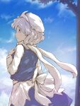  1girl blue_eyes cloud from_side highres kakera_(comona_base) leaf letty_whiterock long_sleeves looking_up scarf short_hair skirt sky solo touhou tree white_hair white_headwear 