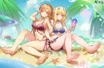  2girls absurdres alice_zuberg asuna_(sao) bare_arms bare_legs bare_shoulders barefoot beach bikini blue_bikini blue_eyes braid braided_ponytail breasts brown_eyes brown_hair feet flower hair_flower hair_intakes hair_ornament hairband highres looking_at_viewer medium_breasts multiple_girls ninai red_bikini soles swimsuit sword_art_online sword_art_online:_alicization toes water wet white_hairband yuri 