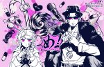  2boys amayado_rei amemura_ramuda bandaid bandaid_on_face bangs black_hair candy eyebrows_visible_through_hair food hat hypnosis_mic jacket jacket_on_shoulders jewelry lollipop microphone monochrome multiple_boys necklace parody pill pink_background style_parody tare7gasi_mi venom_(vocaloid) 