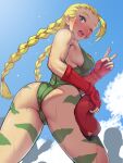  absurdres ahoge ass bare_shoulders beret blonde_hair blue_eyes blue_sky blush bodypaint boris_(noborhys) braid breasts cammy_white camouflage commentary_request crotch_seam day fingerless_gloves from_behind from_below gloves green_leotard hair_slicked_back hat hat_removed headwear_removed highres holding holding_clothes huge_ahoge legs_apart leotard long_hair looking_at_viewer looking_back looking_down medium_breasts one_eye_closed open_mouth outdoors scar scar_on_cheek scar_on_face sideboob silhouette sky sleeveless smile solo_focus standing street_fighter street_fighter_ii_(series) sweat twin_braids twisted_torso very_long_hair 