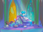  blue_hair blue_tail book container cup duo equid equine fan_character food green_eyes grey_body hair hasbro hi_res horn lying mammal my_little_pony pegasus red_hair sandwich_(food) teapot tingsan unicorn wings yellow_eyes 