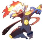  blue_eyes blurry colored_sclera commentary_request fangs fire infernape looking_down morio_(poke_orio) open_mouth pokemon pokemon_(creature) solo tongue white_background yellow_sclera 