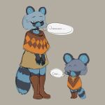 1:1 2022 anthro boots clothing collar cupcakesama dialogue duo english_text female footwear grey_background grey_hair hair hi_res mammal poncho procyonid raccoon short_hair simple_background size_difference standing text 