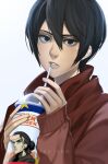  1boy 1girl 7-eleven artist_name black_eyes black_hair character_name cup drinking_straw eren_yeager hair_bun highres keiryuu_seo long_sleeves looking_at_viewer mikasa_ackerman parody philippines politics shingeki_no_kyojin star_(symbol) 