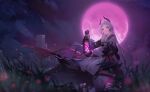  1girl arknights black_gloves black_jacket blurry blurry_foreground closed_mouth cloud depth_of_field earrings floating_clothes full_moon gloves grey_eyes grey_hair head_wings highres holding holding_lantern irene_(arknights) jacket jewelry kumo_ryuun lantern long_hair long_sleeves looking_at_viewer moon night night_sky outdoors purple_theme scar scar_across_eye scar_on_face skirt sky solo torn_clothes white_skirt 