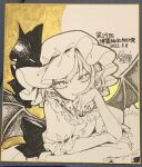  1girl bangs bat_wings commentary_request fang fang_out hand_up hat hat_ribbon highres looking_at_viewer mob_cap monochrome pointy_ears remilia_scarlet ribbon risui_(suzu_rks) shikishi shirt short_hair short_sleeves signature solo touhou traditional_media translation_request upper_body wings 