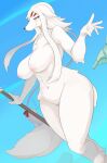  absurd_res anthro big_breasts blush breasts canid canine clothing discarded_clothing female fur hi_res mammal nude panties skulkers solo underwear white_body white_fur 