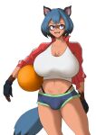  absurd_res anthro ball basketball_(ball) big_breasts bottomwear brand_new_animal breasts bulge canid canine clothing gynomorph hi_res huge_breasts intersex mammal michiru_kagemori midriff open_mouth open_smile raccoon_dog shorts smile solo studio_trigger tanuki thong underwear unusualdan white_body 