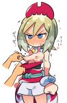  1girl blonde_hair blue_eyes blush breasts closed_mouth cowboy_shot frown full-face_blush grey_shorts highres irida_(pokemon) medium_hair nipple_tweak obi pointy_breasts pokemon pokemon_(game) pokemon_legends:_arceus rariatto_(ganguri) sash shorts simple_background small_breasts solo_focus white_background 