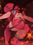  1girl ass back breasts f_1chan fire from_behind glowing large_breasts midriff one_knee pyra_(xenoblade) red_hair shorts suspender_shorts suspenders thighhighs xenoblade_chronicles_(series) xenoblade_chronicles_2 