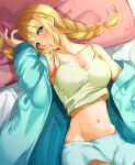  1girl aona_(anagasaki) bed_sheet blonde_hair blue_eyes blue_jacket blue_shorts braid breasts camisole cellphone cleavage collarbone crop_top eyebrows_visible_through_hair head_on_pillow highres holding holding_phone jacket long_sleeves looking_at_viewer lying navel on_back on_bed open_clothes open_jacket open_mouth paripi_koumei phone pillow shorts smartphone solo tsukimi_eiko twin_braids twitter_username 