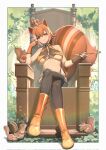  animal_ears black_legwear blazblue boots border breasts brown_hair commission fingerless_gloves forest gloves highres ichihachiyon large_breasts makoto_nanaya nature nut_(food) orange_eyes orange_footwear orange_gloves pipe second-party_source squirrel squirrel_ears squirrel_girl squirrel_tail tail throne underboob weapon white_border wooden_chair 