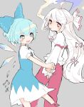  2girls ahoge bangs blue_bow blue_dress blue_eyes blue_hair bow cigarette cirno commentary_request cropped_legs dated dress feet_out_of_frame fujiwara_no_mokou grey_background hair_bow highres ice ice_wings long_hair long_sleeves m_(m073111) multiple_girls one-hour_drawing_challenge open_mouth pants red_eyes red_hair red_pants shirt short_hair short_sleeves simple_background smile smoke smoking touhou white_bow white_shirt wings 