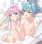  2boys ahoge animal_ears bangs bathing bathtub blue_hair blush bubble collarbone colored_tips commission covered_nipples crossed_bangs dutch_angle eyelashes feet_out_of_frame gradient_hair green_eyes green_hair hand_up hands_up heterochromia highres indie_virtual_youtuber linechu looking_at_another looking_to_the_side male_focus medium_hair multicolored_hair multiple_boys nude open_mouth otoko_no_ko pink_hair potti-p rabbit_ears shiry sidelocks sitting skeb_commission soap_bubbles two-tone_hair upper_body virtual_youtuber yaoi 