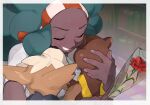  1girl big_hair blush border closed_eyes dark-skinned_female dark_skin eyelashes fingernails flower green_hair grin hairband herdier highres holding holding_flower holding_pokemon hug lenora_(pokemon) long_hair mimura_(nnnnnnnnmoo) pokemon pokemon_(creature) pokemon_(game) pokemon_bw red_flower shirt short_sleeves smile teeth watchog white_border white_shirt 