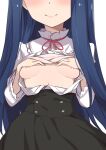 1girl blue_hair blush breasts covering covering_breasts cropped_head frills hands_on_own_chest high-waist_skirt highres idolmaster idolmaster_cinderella_girls long_hair morisobo neck_ribbon nipples open_clothes open_shirt ribbon sajo_yukimi skirt small_breasts smile white_background 