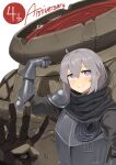  1girl alternate_costume anniversary armor bangs blush closed_mouth elden_ring eyebrows_visible_through_hair gauntlets girls&#039;_frontline grey_hair hand_up highres iron_fist_alexander kion-kun light_purple_eyes living_jar_(elden_ring) long_hair m200_(girls&#039;_frontline) simple_background smile solo standing upper_body 