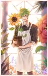  1boy absurdres apron bangs blurry blurry_background botanical_garden brown_eyes brown_shirt buttons collared_shirt cookie_run day depth_of_field dress_shirt flower food green_hair herb_cookie highres holding humanization indoors leaf leaf_print looking_at_viewer male_focus parted_lips plant potted_plant red_flower shirt short_hair smile solo symbol-only_commentary teeth ubi_(ekdus6080) upper_body white_apron window 