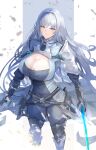  1girl absurdres armor baketsu blue_eyes breast_tattoo breasts cleavage cleavage_cutout clothing_cutout ethel_(xenoblade) highres holding holding_sword holding_weapon large_breasts long_hair shoulder_armor solo sword tattoo very_long_hair weapon xenoblade_chronicles_(series) xenoblade_chronicles_3 
