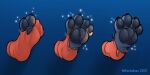  2021 4_toes 5_toes ambiguous_gender ambiguous_species anthro black_pawpads blue_background blue_body blue_feet blue_fur claws clothing disembodied_foot feet foot_fetish foot_shot footwear fur hi_res human human_to_anthro mammal miltonholmes orange_clothing orange_footwear orange_socks pawpads paws plantigrade shadow simple_background socks solo sparkles species_transformation toes torn_clothing transformation transformation_sequence 