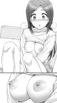  1girl absurdres bangs blush breasts breath collarbone couch covering covering_crotch eyebrows_visible_through_hair greyscale heart highres implied_masturbation large_breasts long_hair long_sleeves looking_down medium_breasts monochrome nipples nose_blush open_clothes open_mouth open_shirt original parted_lips pussy_juice shirt simple_background sitting skirt solo speech_bubble sweat tsukimoto_kizuki 