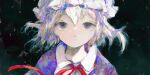  1girl :| absurdres anabone bangs blonde_hair closed_mouth collar commentary_request dress expressionless hair_between_eyes hat highres looking_at_viewer maribel_hearn mob_cap neck_ribbon portrait purple_dress red_ribbon ribbon short_hair solo static_eyes touhou white_collar white_headwear 