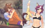  4girls agnes_tachyon_(umamusume) ahoge animal_ears baby bangs bikini black_bikini blanket blue_shirt brown_hair chair closed_eyes comparison cup daiwa_scarlet_(umamusume) earrings eyepatch facing_viewer highres holding_another&#039;s_leg horse_ears horse_girl horse_tail jewelry looking_at_viewer lounge_chair multicolored_hair multiple_girls navel one-piece_swimsuit open_mouth photo-referenced purple_hair purple_shorts reclining shared_blanket shirt short_hair shorts single_earring sinnra_art smile swimsuit tail tanino_gimlet_(umamusume) two-tone_hair umamusume vodka_(umamusume) younger 