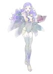  1girl asymmetrical_bangs bangs bodystocking book breasts bridal_gauntlets cape covered_navel fire_emblem fire_emblem_fates full_body grey_eyes holding holding_book holding_weapon long_hair medium_breasts ophelia_(fire_emblem) osca purple_hair thighhighs weapon 