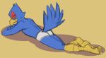  2016 anthro avian barefoot beak bird blue_body blue_feathers briefs briefs_only butt clothed clothing crossed_arms falco_lombardi feathers feet humanoid_feet lying male nintendo on_front rear_view red_body red_feathers scutes shadow simple_background solo star_fox tail_feathers thegreatmatsutzu tighty_whities underwear underwear_only video_games white_briefs white_clothing white_underwear yellow_background yellow_feet 