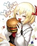  1girl :d ^_^ ascot blonde_hair burger closed_eyes collar collared_shirt commentary eating english_text eyebrows_visible_through_hair food food_bite french_fries frilled_collar frills hair_between_eyes hair_ribbon highres long_sleeves plate puffy_long_sleeves puffy_sleeves red_ascot red_ribbon ribbon shirt short_hair skirt skirt_set smile solo spark621 sparkle touhou upper_body white_shirt 