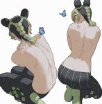  1girl ass back braid bug butt_crack butterfly double_bun from_behind giganticbuddha green_nails hair_cones horizontal_stripes jojo_no_kimyou_na_bouken kujo_jolyne multicolored_hair no_bra pants seiza simple_background sitting solo star_(symbol) stone_ocean striped striped_pants tattoo topless two-tone_hair 