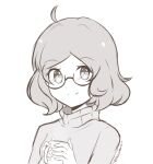  1girl ahoge artist_request character_request chocomiru coffee_mug copyright_request cup glasses looking_at_viewer medium_hair monochrome mug sketch smile solo sweater turtleneck turtleneck_sweater unfinished wavy_hair 