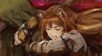  1girl animal_ear_fluff animal_ears bangs brown_hair clenched_teeth closed_eyes commentary elvafirst english_commentary gauntlets highres long_hair raccoon_ears raccoon_girl raphtalia solo tate_no_yuusha_no_nariagari teeth upper_body 