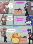  2012 anthro babystar biped bottomwear clothing comic detailed_background dialogue english_text eyes_closed female fur gem_(babystar) group hair mammal pants rodent sciurid shirt standing text topwear trio 