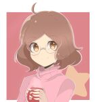  1girl ahoge artist_request brown_hair character_request chocomiru coffee_mug copyright_request cup eyebrows_visible_through_hair glasses hair_between_eyes long_sleeves looking_at_viewer mug pink_shirt shirt smile solo star_(symbol) sweater turtleneck turtleneck_sweater 