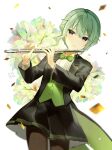  1girl bangs black_jacket black_legwear black_skirt bow bowtie braid buttons commentary_request confetti flower flute green_bow green_bowtie green_hair green_vest highres holding holding_instrument instrument jacket kusanagi_nene long_sleeves looking_to_the_side pantyhose pleated_skirt project_sekai purple_eyes shirt sidelocks skirt solo transverse_flute tuxedo vest white_flower white_shirt yuhi_(hssh_6) 