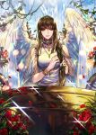  1girl angel angel_wings bad_link braid brown_hair choker dominions_(regressor&#039;s_instruction_manual) dress eu_(euspia) flower highres jewelry long_hair necklace regressor&#039;s_instruction_manual rose sleeveless solo table upper_body white_dress wings 