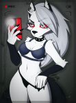  absurd_res anthro black_nails bozlerart bra canid canid_demon canine canis choker clothing colored_nails demon female fur grey_body grey_fur hellhound helluva_boss hi_res hybrid jewelry loona_(helluva_boss) mammal nails necklace panties selfie solo suggestive underwear undressing wolf 