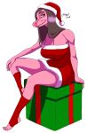  anthro big_breasts breasts brown_hair christmas christmas_clothing christmas_headwear christmas_present clothed clothing dinosaur female footwear goodbye_volcano_high hair headgear headwear holidays humanoid long_hair looking_at_viewer mature_female pink_body pink_eyes reptile scalie simple_background sitting skimpy_dress snoot_game_(fan_game) socks solo stacy&#039;s_mom_(gvh) unknown_artist white_background 