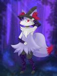  absurd_res ambiguous_gender anthro bell bell_collar braixen clothing collar fluffy fluffy_chest fluffy_tail forest forest_background glowing glowing_eyes hat headgear headwear hi_res jakuya_art legwear nature nature_background nintendo paws plant pok&eacute;mon pok&eacute;mon_(species) shiny_(disambiguation) shy solo stockings tree video_games witch_costume witch_hat 