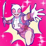  1girl :d backpack bag belt breasts english_commentary full_body gwen_poole gwenpool highres holding holding_sword holding_weapon katana leotard looking_at_viewer marvel mask medium_breasts pink_leotard pouch smile solo superhero sushi_pizza_rrr sword teeth upper_teeth weapon 