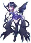  1girl black_hair black_sclera black_skin blue_ribbon bright_pupils claws colored_sclera colored_skin demon_girl demon_wings detached_sleeves dress full_body hair_between_eyes hair_ears hair_ribbon juliet_sleeves leaning_forward long_sleeves looking_at_viewer low_wings medium_hair monster_girl multicolored_skin multiple_tails neck_stitches original oversized_forearms oversized_limbs pink_eyes pleated_dress pointy_ears puffy_sleeves purple_dress ribbon rtsusk09 sharp_toenails short_dress short_hair_with_long_locks sidelocks simple_background snake_tail solo standing stitches tail toenails tress_ribbon two_tails white_background white_dress white_pupils wings 
