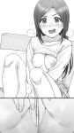  1girl absurdres bangs bar_censor blush breasts breath censored collarbone couch covering covering_crotch eyebrows_visible_through_hair fingernails greyscale heart highres implied_masturbation large_breasts long_hair long_sleeves looking_at_viewer medium_breasts monochrome nipples no_bra nose_blush open_clothes open_mouth open_shirt original parted_lips pussy pussy_juice shirt simple_background sitting skirt solo speech_bubble sweat tsukimoto_kizuki 
