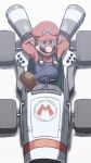  1boy arms_behind_head banel_springer blue_eyes blue_overalls brown_footwear brown_hair closed_mouth crossed_legs facial_hair from_above full_body ground_vehicle highres long_sleeves looking_at_viewer male_focus mario mario_(series) mario_kart mustache overalls red_headwear red_shirt shirt short_hair smile smug solo 