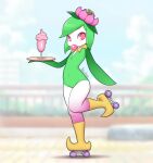  1girl blurry blurry_background bubble_blowing chewing_gum covered_navel depth_of_field full_body green_hair green_leotard highres hisuian_lilligant holding holding_tray kionant leotard looking_at_viewer pink_eyes pokemon pokemon_(creature) roller_skates signature skates solo standing standing_on_one_leg tray 